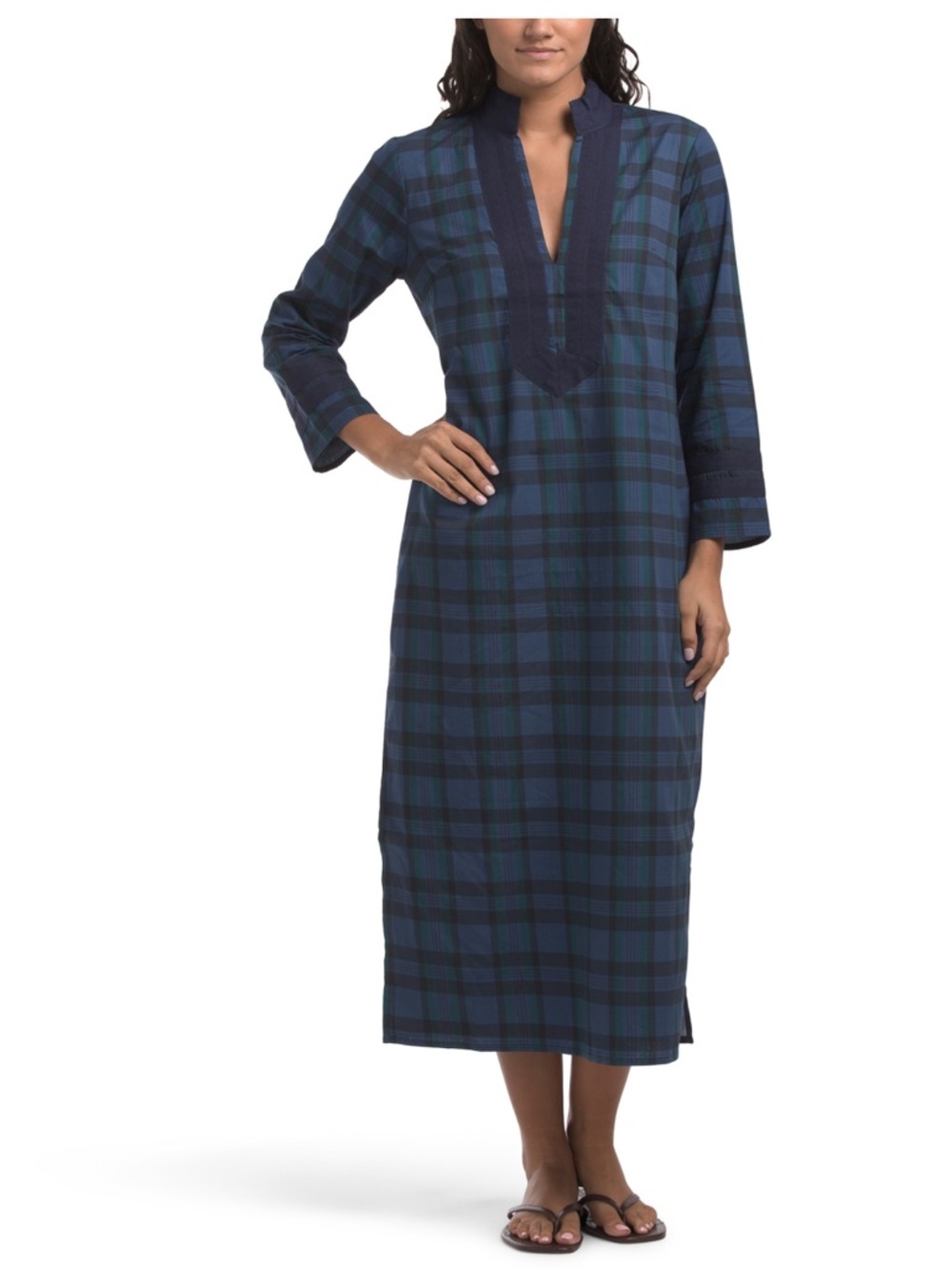 Sail to Sable Plaid Navy Green Tartan Caftan Maxi Dress Small New with Tags